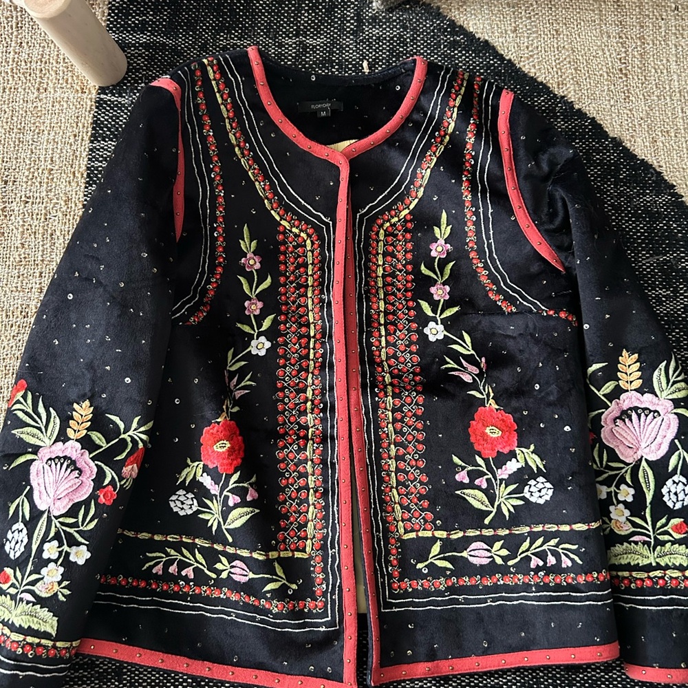Black and Red Floral Embroidered Blazer